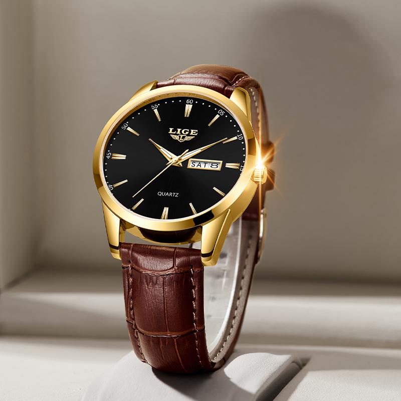 LIGE Лучший бренд, мужские кожаные деловые часы с датой, водонепроницаемые светящиеся часы, мужские роскошные спортивные водонепроницаемые кварцевые наручные часы