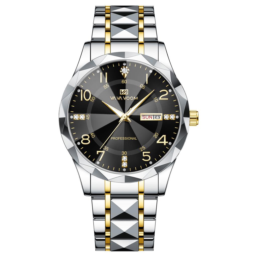 Men Watch Water Diamond Luxury Night Glow Double Calendar Quartz Movement 41mm Blue Gold Stainless Steel Fashion Business Watch