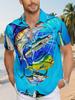 Men's Button-up Shirt with a Hawaiian Print Featuring Various Colorful Fish Swimming Against a Blue Background