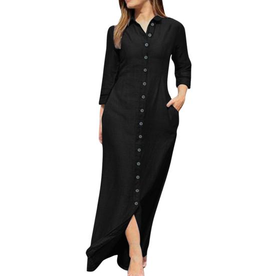 Spring Summer Women Dress Loose Pure Color Single-breasted Side Pockets Lapel V Neck Long Sleeves Split Hem Soft Breathable Casual Ankle Length