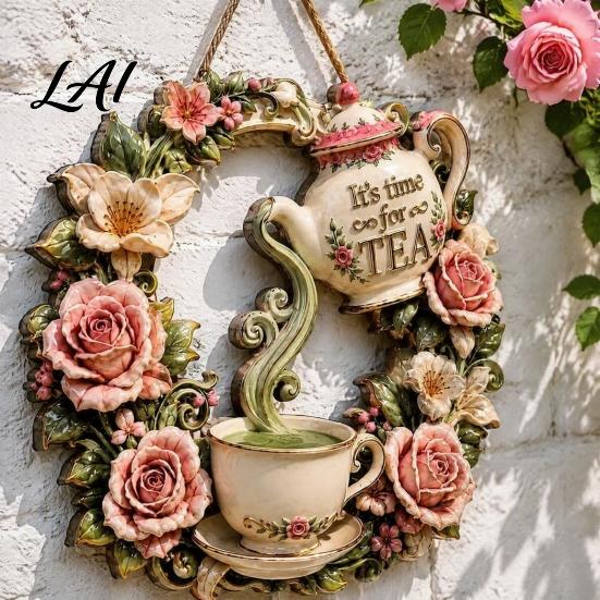 Garden Gift for Family It's Time Metal Floral Sign Tea Door Wreath Hanger with Teapot Teacup Design Weatherproof Yard Ornaments Rustic Wall