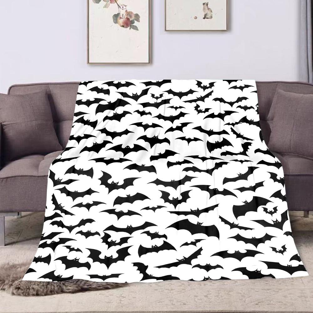 Black Bats Pattern on White Background Patterned flannel blanket perfect for the bedroom living room, sofa, or a little nap