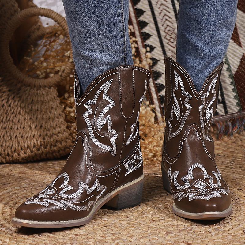 Женские ковбойские сапоги с острым носком, очень массивные каблуки, вышитые ковбойские сапоги, женские ботинки с V-образным вырезом и широкими щиколотками