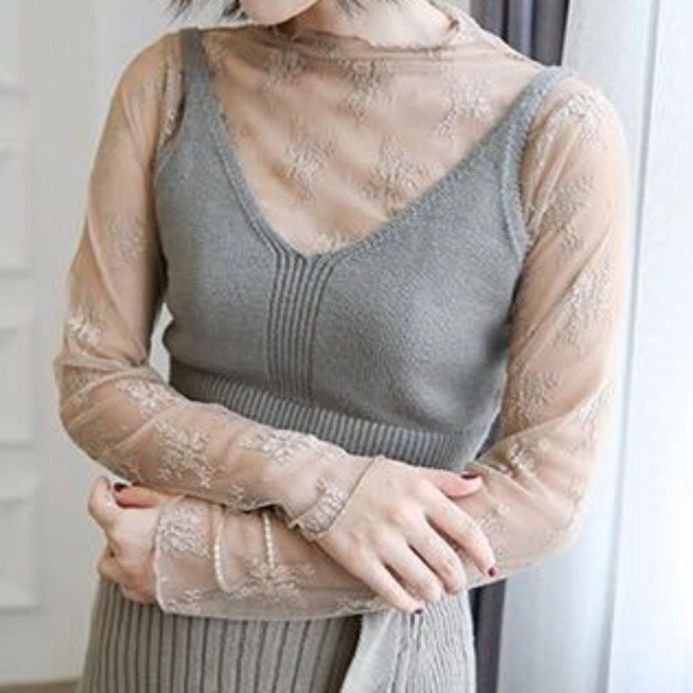 Long Sleeve Lace Bottomed Blouse Hollow Lace Floral Shirts Elegant See Through Tops Girls