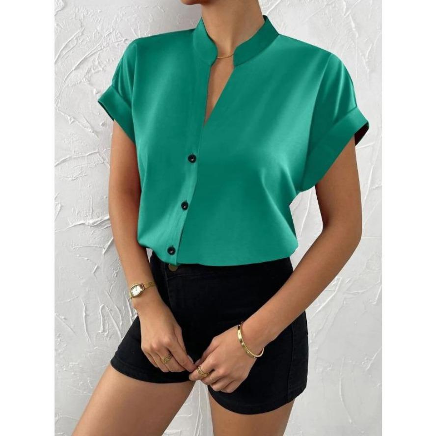 YYFS Women's Fashion Casual Summer Spring Solid Color Print Short Sleeve V-Neck Blouses & Shirts