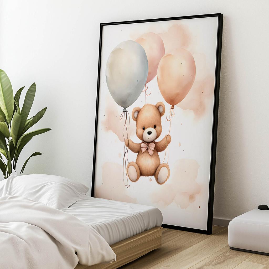 Miś W Balonowej Podróży Miś W Balonowej Podróży, 40X50 Cm, Rama Aluminiowa Złota, Papier Matowy 230 Gsm