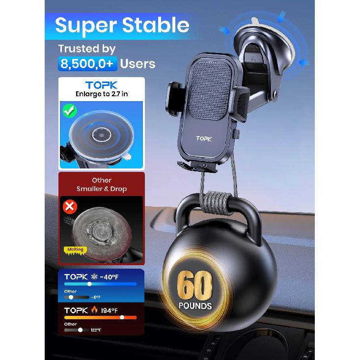 TOPK Car Phone Holder Mount for IPhone[Powerful Suction] Phone Mount for Car Dashboard Car Accessories Automobile for Smartphone