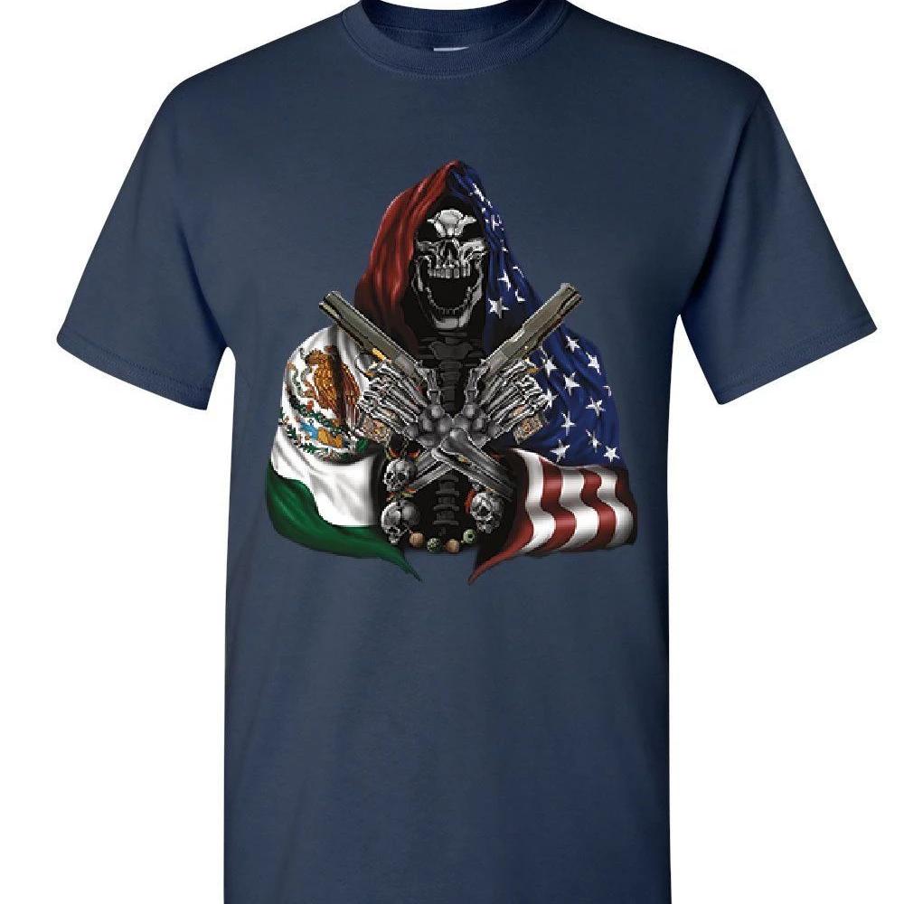 Novel American Mexican Flag Patriot Skeleton HitUnisex with Guns TShirt Summer Cotton Short Sleeve ONeck Unisexs T Shirt New S3XL