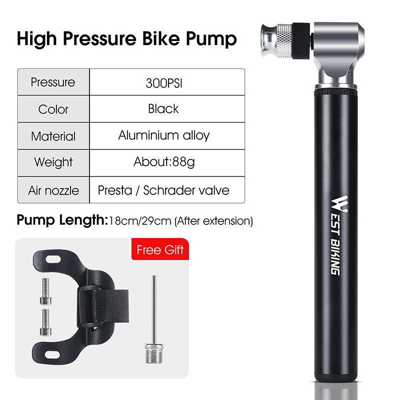 WEST BIKING Portable Bicycle Pump 300PSI High Pressure Bike Air Pump Bike Tire Inflator Schrader Presta Valve Cycling Hand Pump