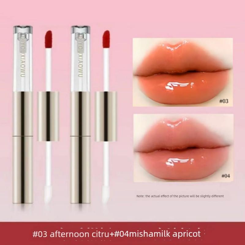 Qiyu Xiaohu Double-Ended Raincoat Mirror Lip Glaze, Non-Fading, Non-Stick, Moisturizing, Hydrating, Brightening, Water-Glossy Plump Lips