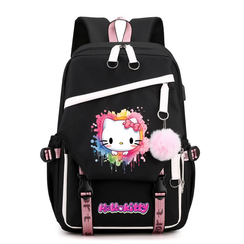 Kitty Cartoon School Backpack Teen Girls Kids Lightweight Oxford Fabric Bookbag With Padded Shoulder Straps 20-35L Capacity