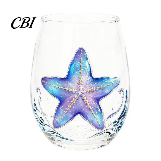 Ocean Lover Birthday Gift Handcrafted Glass Cup, Unique Marine Animal Theme Print Artisan Hand Blown Cup Bar Tumbler, Decorative Glassware for