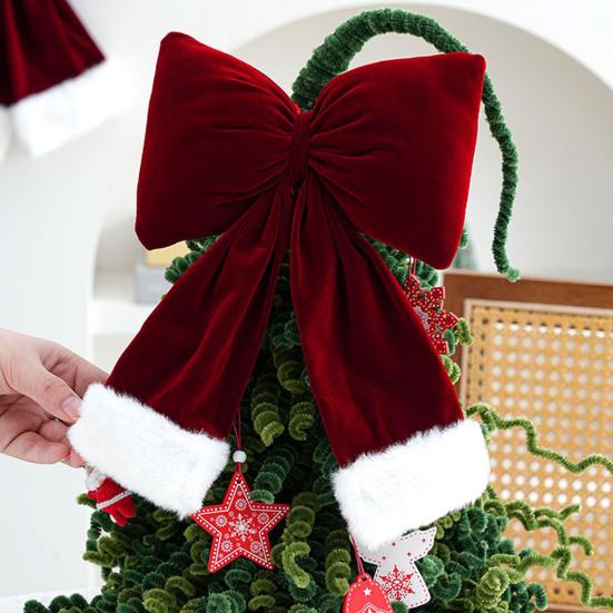 Красные рождественские бархатные банты Винтажные плюшевые набивные рождественские банты Подвесное украшение