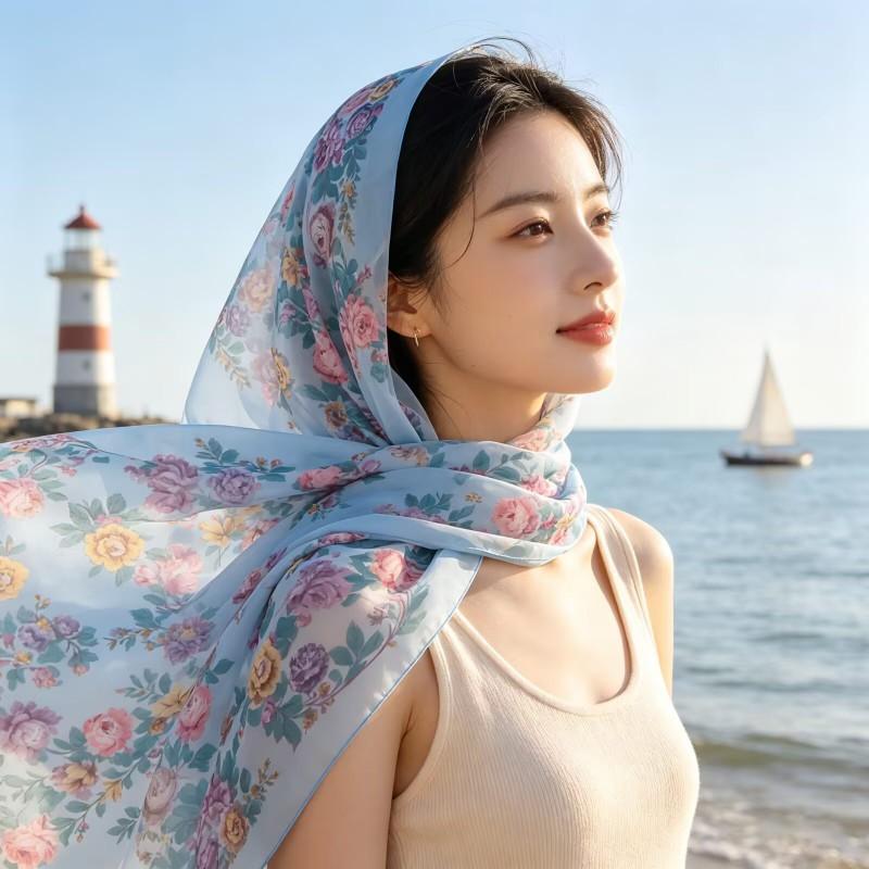 90x90cm Floral Print Square Scarf Women Lightweight Chiffon Wrap Boho Chic Headscarf Beach Cover-Up