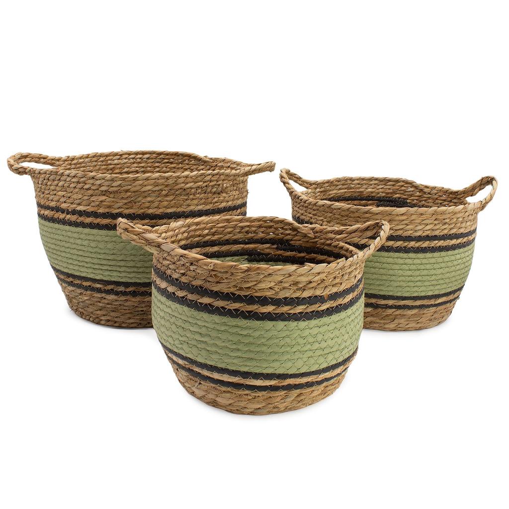Cotton & Seagrass Large Baskets – Natural Black & Green- Set of 3