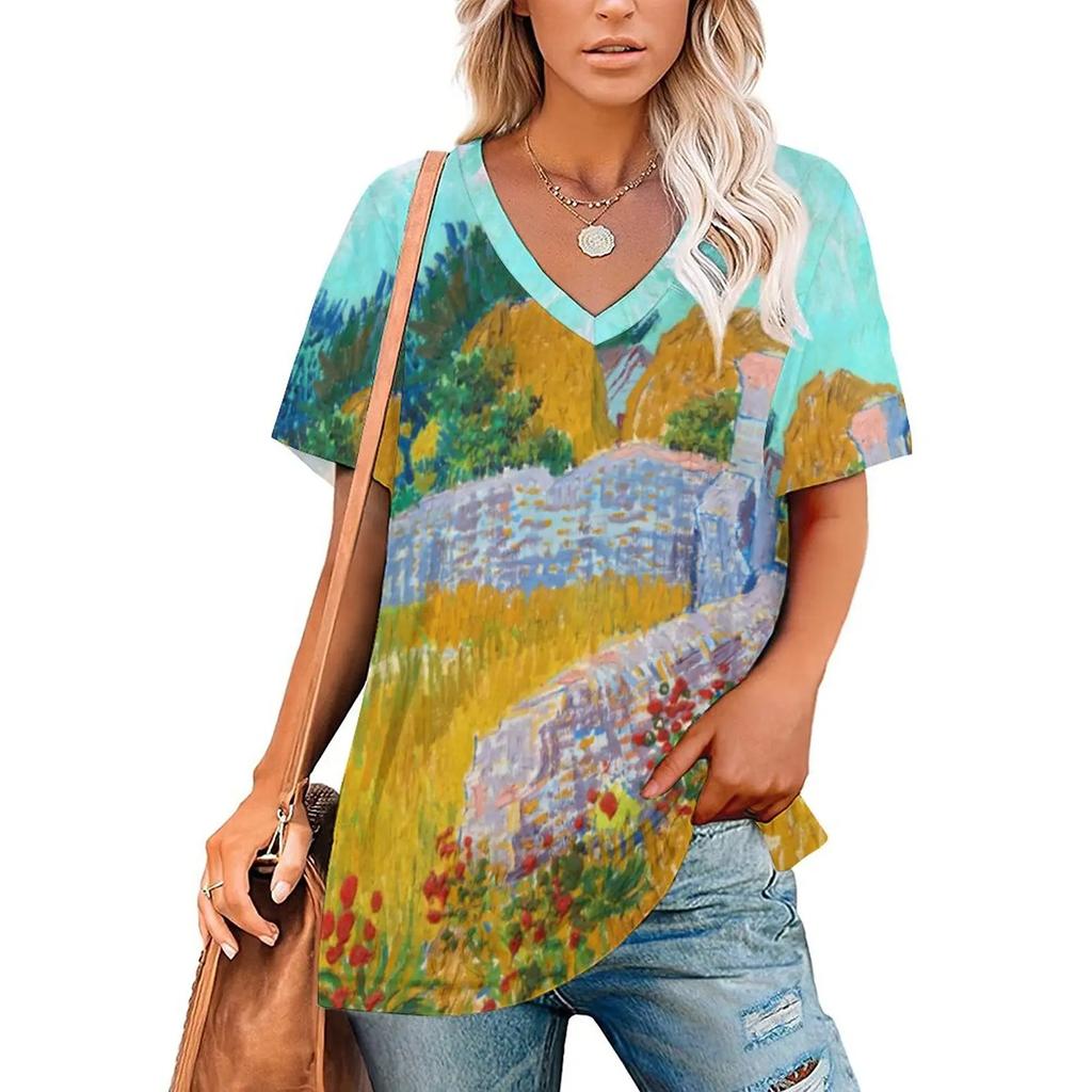 Van Gogh T-Shirts Oil Painting 3D Print Women Short Sleeve T Shirt V-Neck Streetwear Oversized Harajuku Female Tees Top Clothing