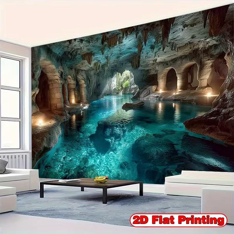 2D Crystal Clear Cave Water Tapestry Ancient Ruins & Stalactites Background Cloth