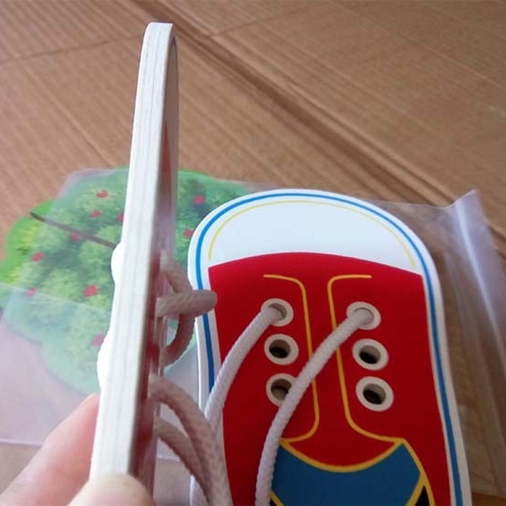 1 Piece Kids Cute Wooden Shoes Puzzles Toys Children Montessori Early Learning Tie Shoelaces Puzzles Wood Beads Lacing Board