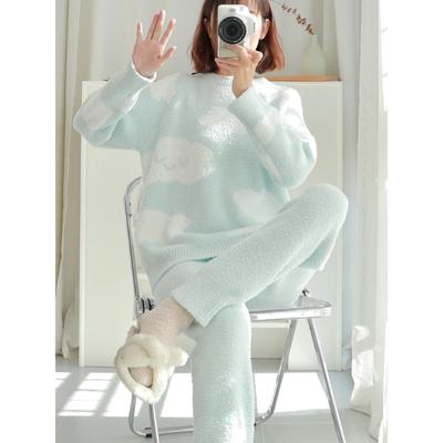 Kawaii мультяшная женская пижама на осень и зиму с милым бантом и круглым вырезом, коралловая плюшевая утолщенная плюшевая домашняя одежда для девочек