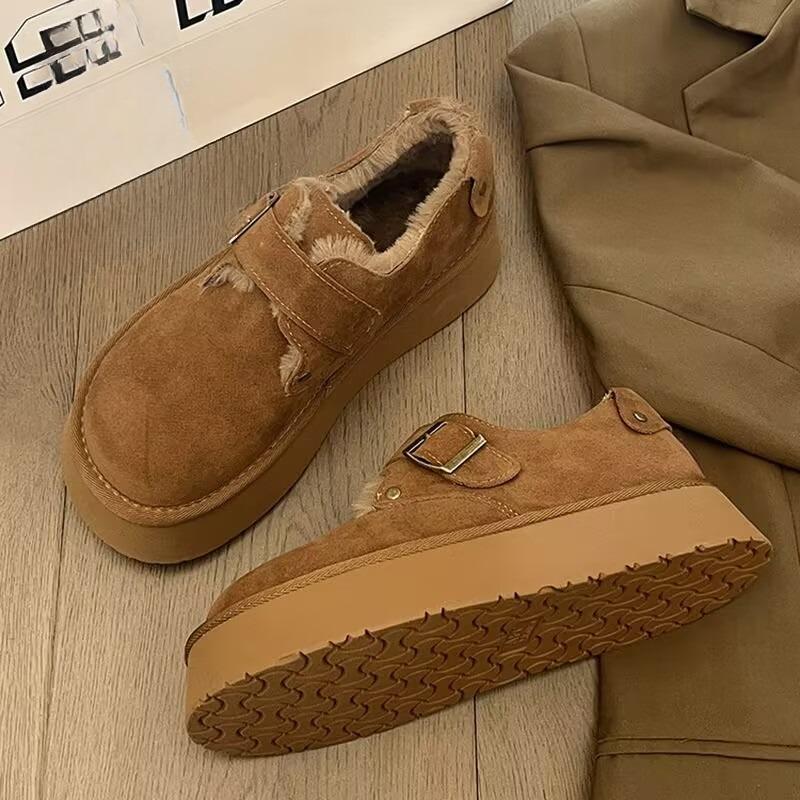 Замшевые меховые женские ботинки на платформе, зимние ботинки на плоской подошве, лоферы, брендовые плюшевые теплые хлопковые туфли на среднем каблуке, модная мода, удобные туфли Botas Mujer