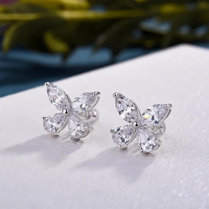 Huitan Crystal Butterfly Shaped Stud Earrings for Women Silver Color Dainty Female Ear Accessories Party Wedding Bridal Jewelry