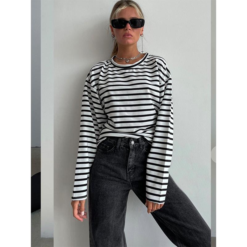 Женская полосатая футболка Hirsionsan с длинными рукавами, весна-лето 2023, большие футболки из 100% хлопка, женские повседневные шикарные футболки, топы для девочек