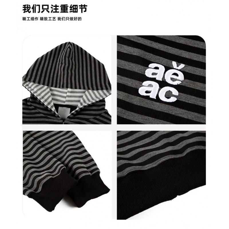Unisex Oversized Hooded Zip-Up Sweatshirt With Striped Embroidery Detail Cotton Blend Fall Casual Wear