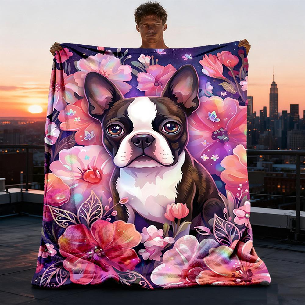 1pc Floral Boston TerrierOutdoor Blanket, Soft And Comfortable Blanket, Casual Warm Outdoor Blanket, Good Birthday Gift yy260328065