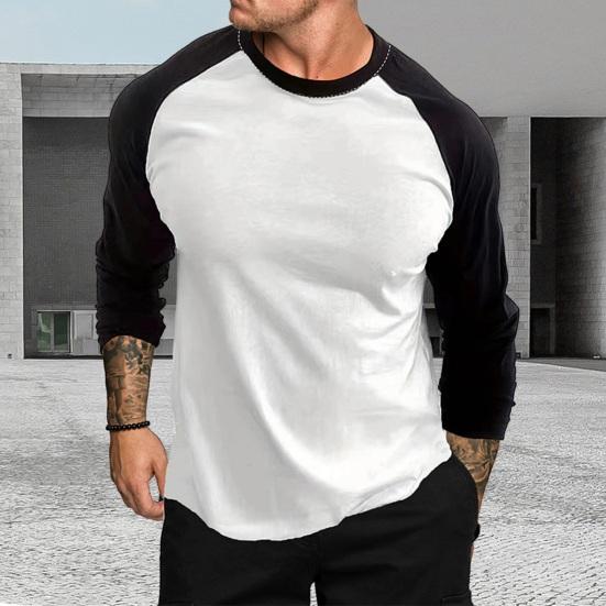 Spring Autumn Men Casual T-shirt O-neck Raglan Sleeve Color Matching Slim Fit Fitness Gym Pullover Tops Streetwear