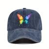 Rainbow Butterfly Print Polyester Baseball Cap Distressed Denim Style Casual Outdoor Adjustable Hat