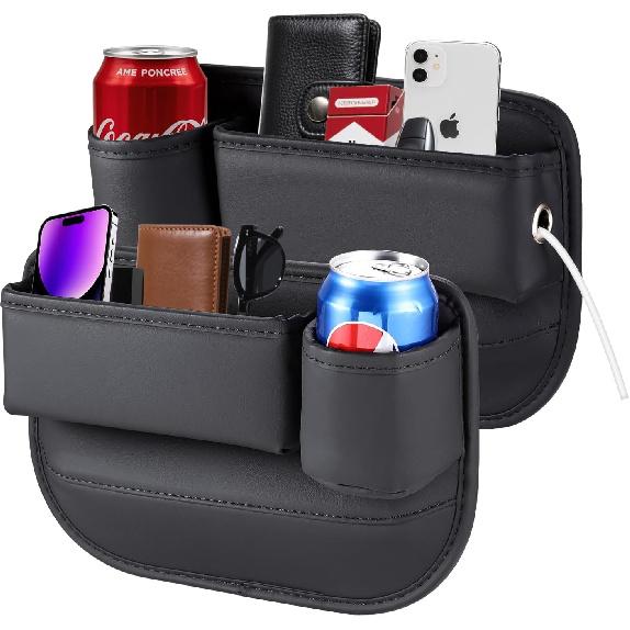 2 Packs Car Seat Filler Organizer, Leather Car Seat Oganizer With Cup Holder,Car Storage Accessories For Phone,Sunglasses,Keys, Universal Fit For