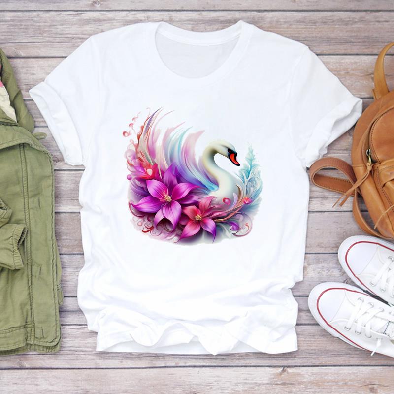 (Asian Size) Print Lady T Shirt Fashion Love Sweet Flower Cute Women Clothing Casual Top Short Sleeve Tee Female Graphic T-shirts