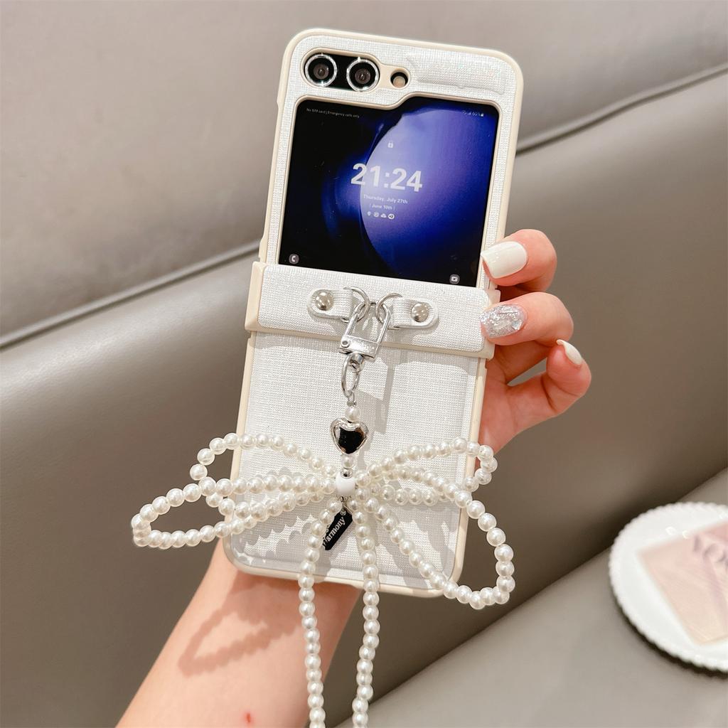 For Samsung Galaxy Z Flip7 FE 5G/Z Flip6 5G Case Hinge Protection Leather+PC Phone Cover with Bow Beaded Strap