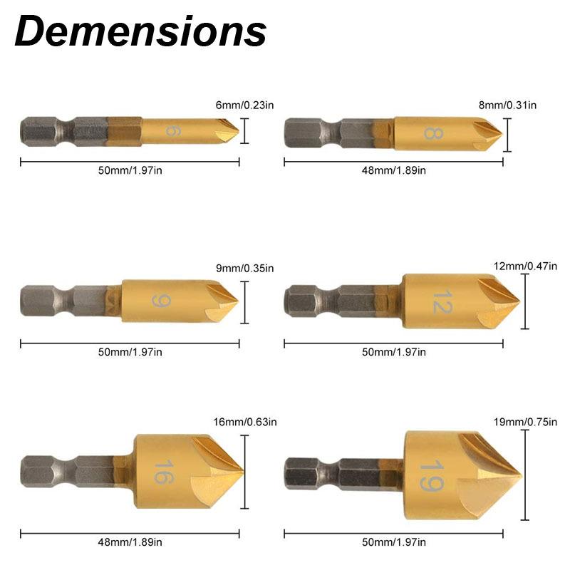 Countersink Drill Bit Set Chamfer 1/4' Hex 5 Flute Counter Sink Mill Cutter for Wood Soft Metal Rubber Plastic Woodworking