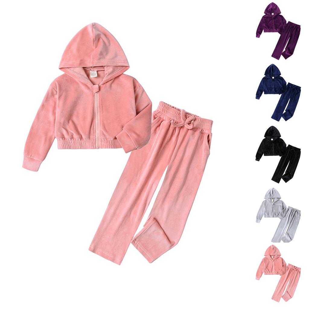 Children's Sweatshirt-colored Long-sleeved Hooded Pocket Cropped Sweatshirt Set