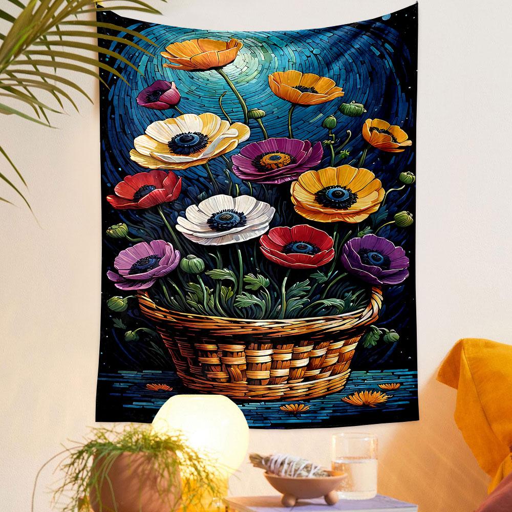 "Vibrant Flowers in Wicker Basket Design" Patterned tapestry home decor, suitable for bedroom and living room, gift