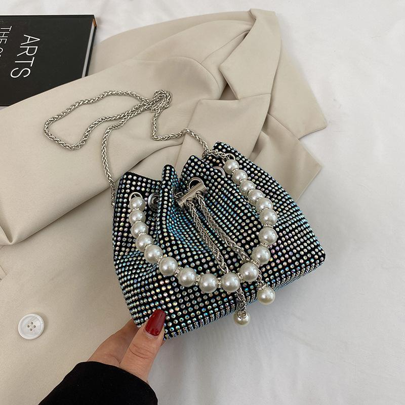 Pearl Handbag Women's Fashionable Bright Diamond Shoulder Bag, Net Red, Foreign Style Chain, Cross Body Bucket Bag