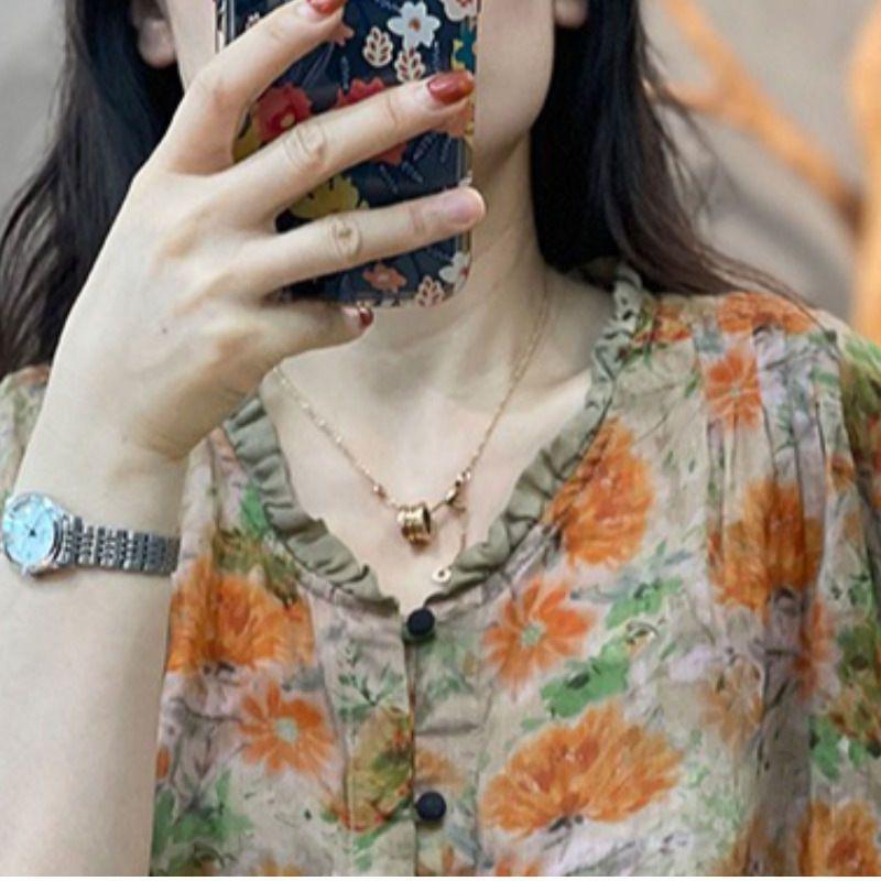 Ретро Летний Женский Повседневный Топ с Семирукавным Рукавом - Стройнящий, Свободный, Модный, Омолаживающая Рубашка