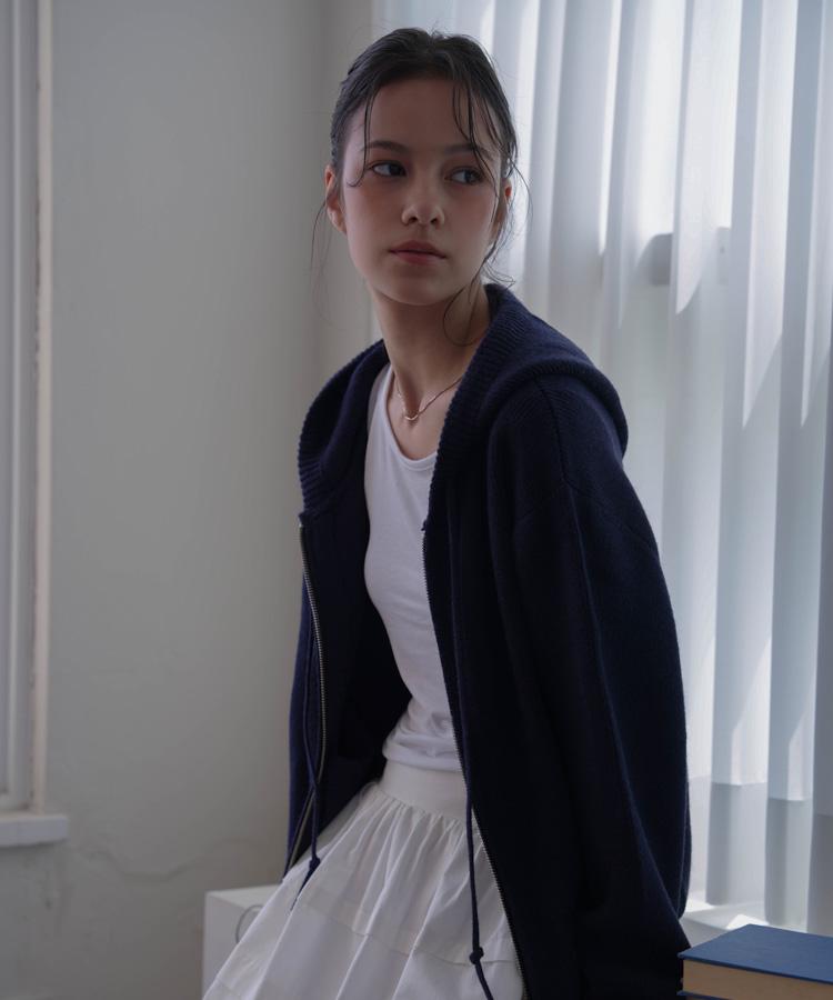 DEHEVE Two-Way Hood Zip-Up Knit [Navy]