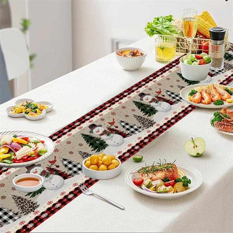 Рождественская дорожка на стол Снеговики, 33×180 см Рождественские дорожки для столов, Рождественские дорожки на стол для помещений и улицы, дорожка на стол для вечеринки