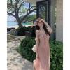 Square Collar Short Sleeve Neck Suspender Dress Gentle Wind Seaside Vacation Waist a Word Long Dress Female Summer