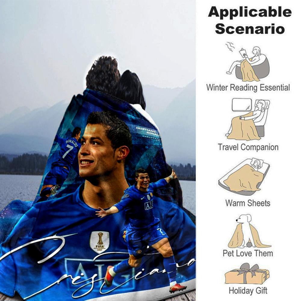 Cristiano Ronaldo Retro Blue Jersey Print Flannel Blanket Soft Warm Throw Blanket Football Fan Sofa Bed Decor