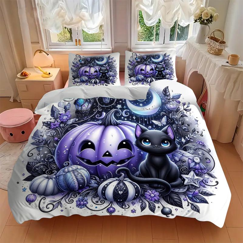 3pcs Happy Pumpkin & Cat Print Bedding Set Soft and Comfortable, Suitable for Use in Bedrooms and Guest Rooms.N058