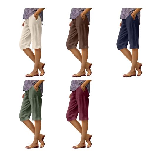 Женские шорты, эластичные, средней посадки, прямые, длиной до колена, с карманами, однотонные, стандартного покроя шорты