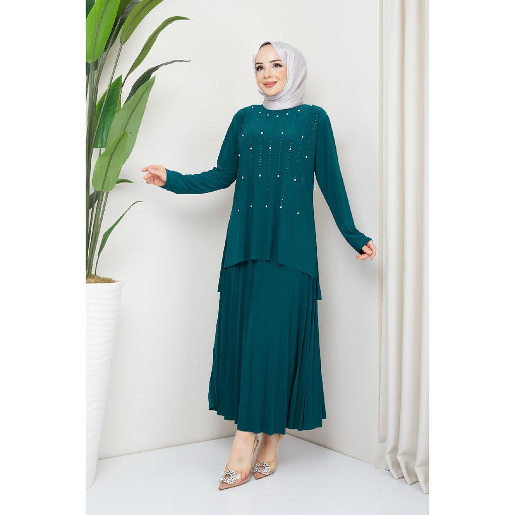 Women's Black Sandy Front Stone Embroidered Blouse Skirt Pleated Double Hijab Skirt Set