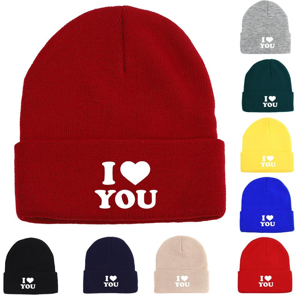White "I LOVE YOU" Warm Knitted Cap Beanie, Valentine's Day Skull Cap Lightweight Candy Color Simple Headwear Knit Hat Beanie