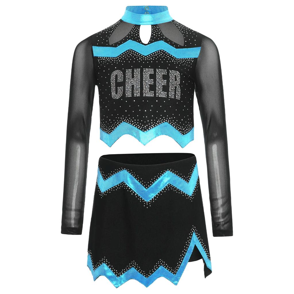 Girls Cheerleader Uniform Long Sleeve Crop Top Hollow Out Design Rhinestone Details Matching Dance Skirt Outfit