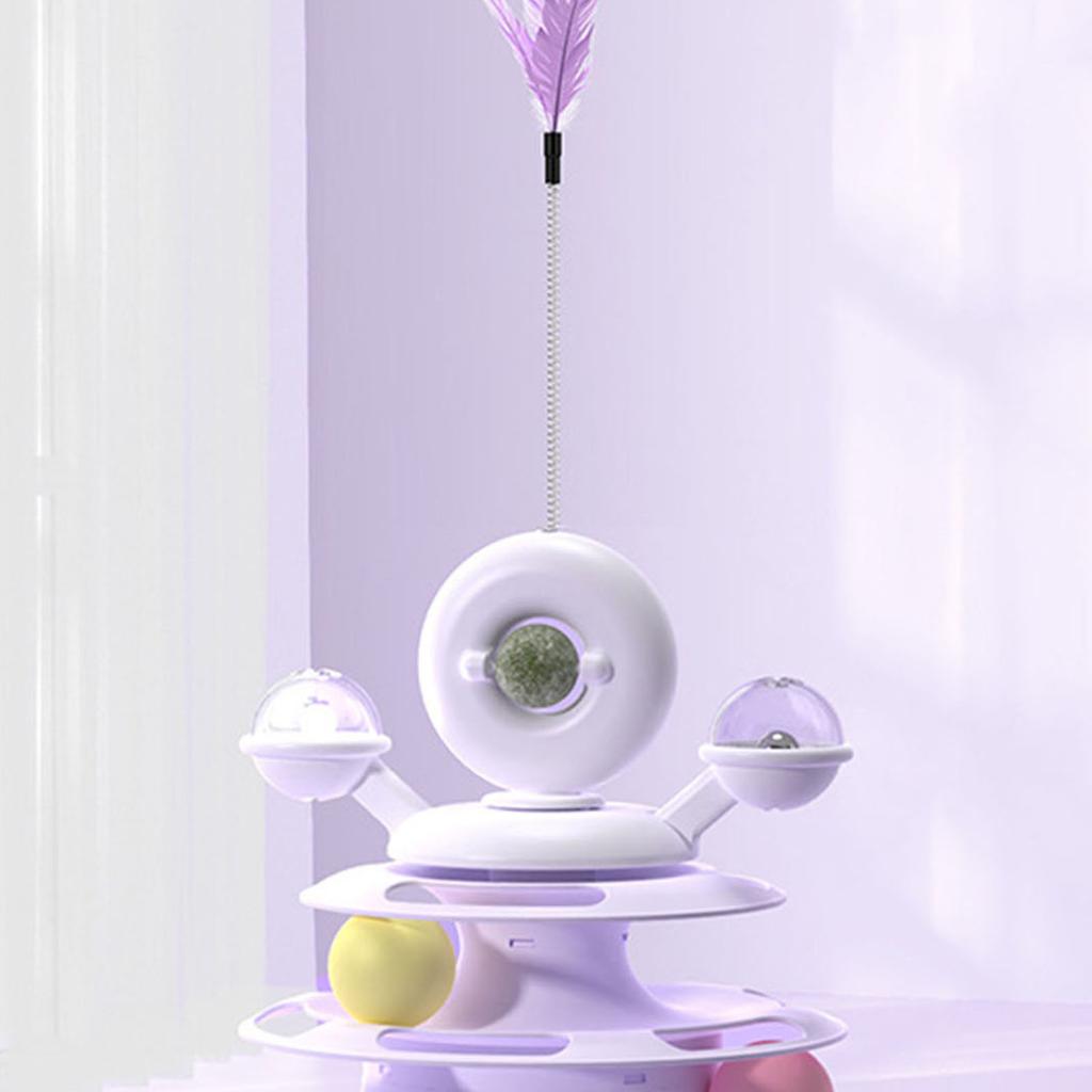 Cat Ball Tower Toy with Feather Catnip 4 Layer Rail Pet Turntable Game for Exercise Purple