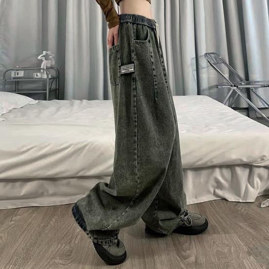 Женские джинсы с широкими штанинами длиной до пола, свободные джинсовые шнурки с эластичной резинкой на талии, сплошной цвет в стиле хип-хоп, уличная одежда, глубокие карманы с промежностью, винтажные прямые длинные брюки