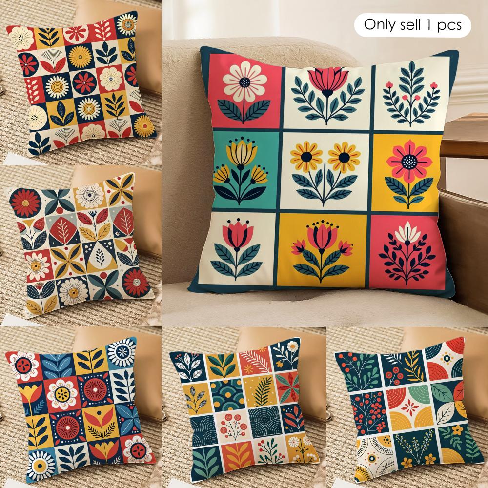 Retro CheckeredFlower Cushion Cover Soft Plush Fabric DoubleSided Printed Cushion Covers for All Seasons Modern HomeDecor Gift